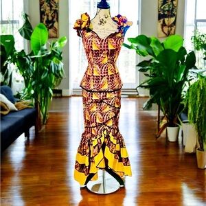 Women’s African Yellow Red Brown Ethnic 2-Piece Long Skirt & Top Set S